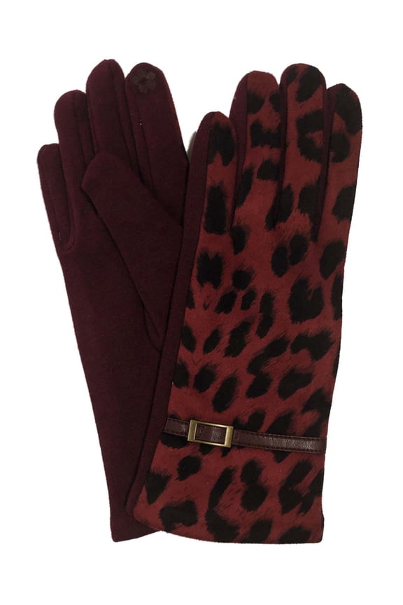 Womens Wine Red Leopard Print Stretch Fit Texting & Tech Touchscreen Gloves