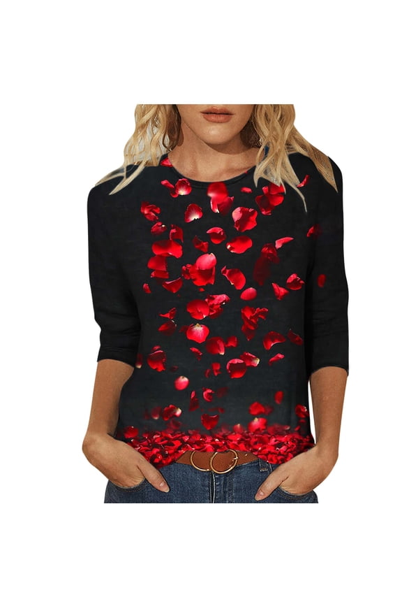 Womens Wine Red Rose Print Valentine Top 3/4 Sleeve Tunic Blouse, Floral Romantic Stretch Top for Valentine's Day, Plus Size Available,Size 5XL