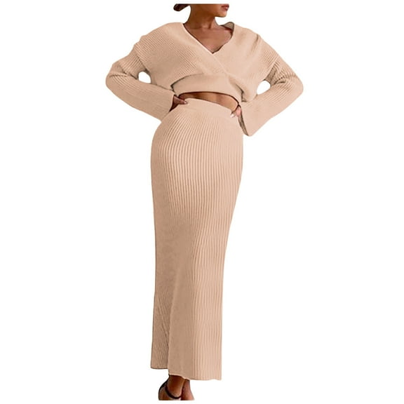 Womens Winter 2 Piece Sets V-Neck Long Sleeve Crop Tops High Waist Pencil Skirts Suits 2024 Solid Color Slim-Fit Outfits