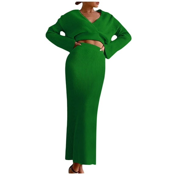 Womens Winter 2 Piece Sets V-Neck Long Sleeve Crop Tops High Waist Pencil Skirts Suits 2024 Solid Slim-Fit Outfits