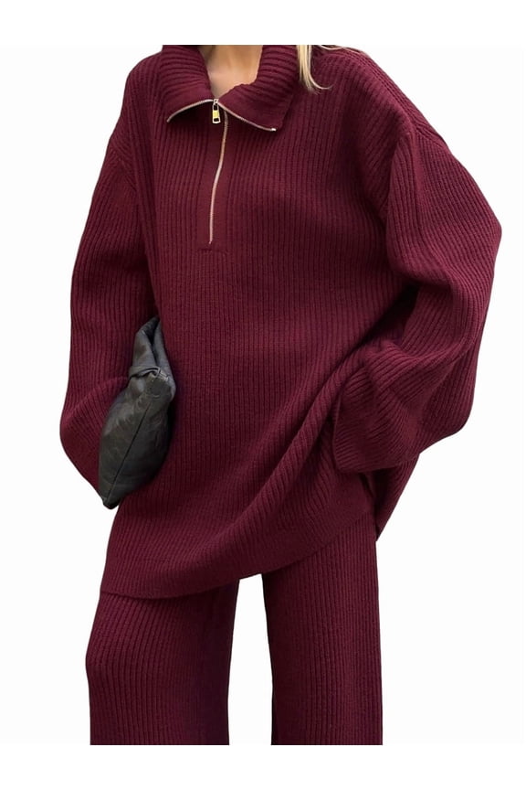 Womens Winter 2 Piece Sweater Set Long Sleeve Quarter Zip Sweatshirt Wide Leg Pants Fall Outfits Tracksuit Red S