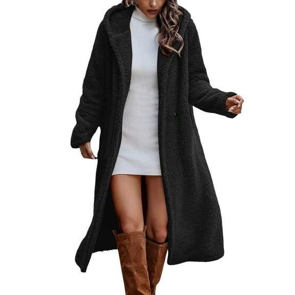 Womens Winter 2024 Long Sleeve Solid Front Open Hooded Cardigan Jacket Jacket With Pockets