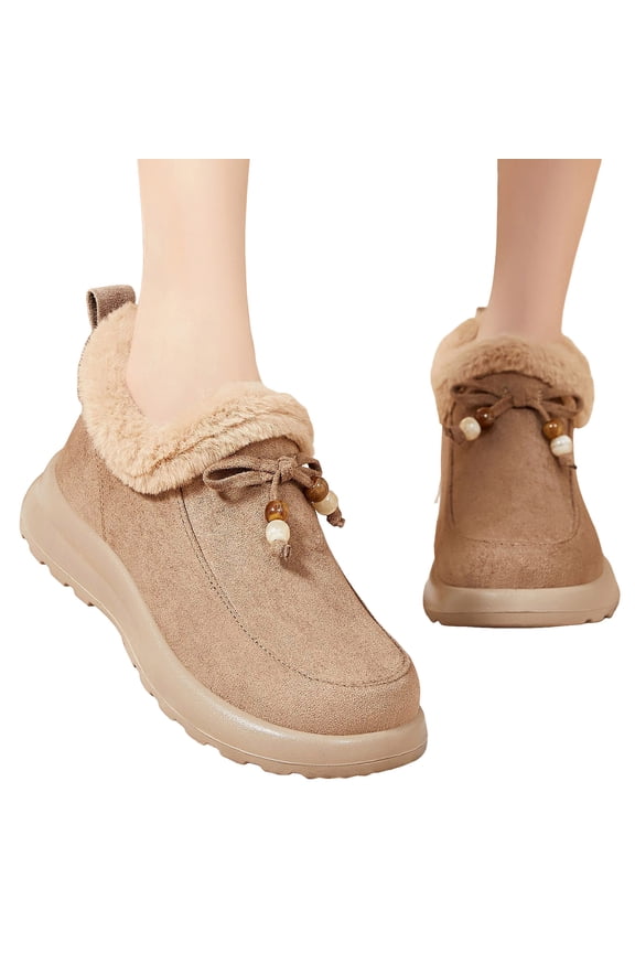 Womens Winter Ankle Boots Suede Slip on Memory Foam Tassel Bow Loafers Fuzzy Platform Snow Booties