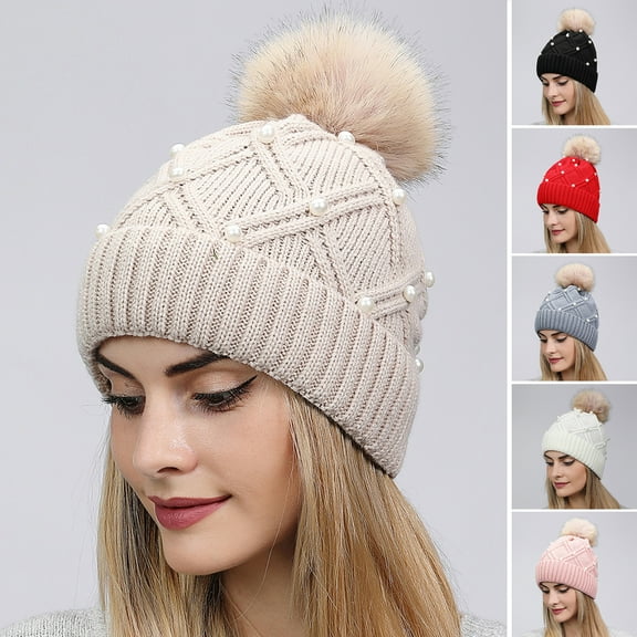 Womens Winter Beanie Hat Cuffed Faux Fur Pom Hat Knitted Warm Soft Cap with Faux Pearls