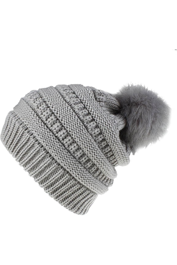 Womens Winter Beanie Hat Faux Fur Pom Pom Beanies Hat for Women Winter Warm Knit Skull Cap Hats