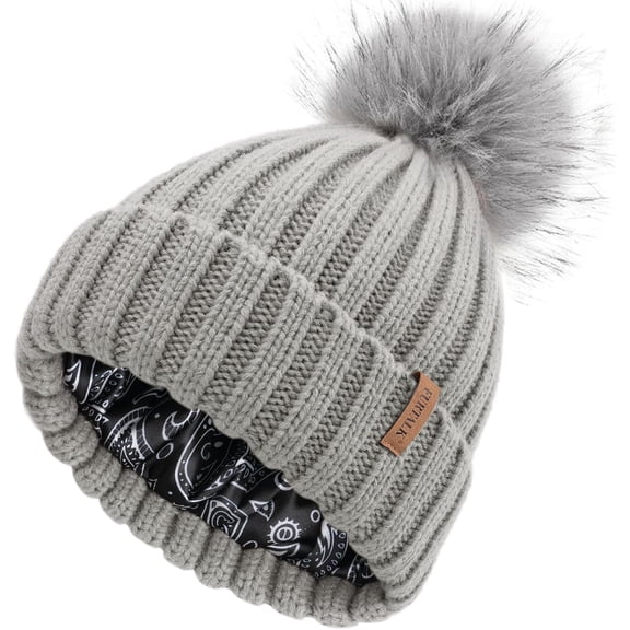 Womens Winter Beanie Hat Satin Lined Faux Fur Pom Pom Beanies Hat for Women Winter Warm Knit Hats