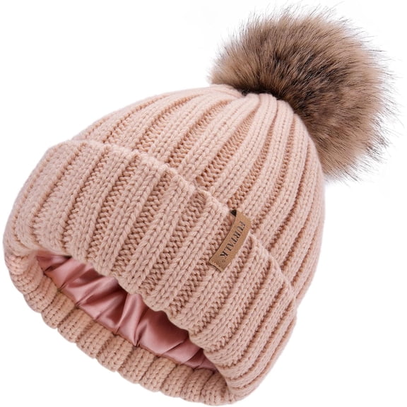 Womens Winter Beanie Hat Satin Lined Faux Fur Pom Pom Beanies Hat for Women Winter Warm Knit Hats