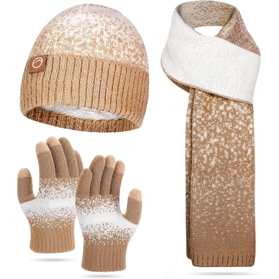 Womens Winter Beanie Hat Scarf Gloves Set - Touchscreen Gloves,Long Knit Scarf & Ombre Snowflake Design Beanie Set for Women