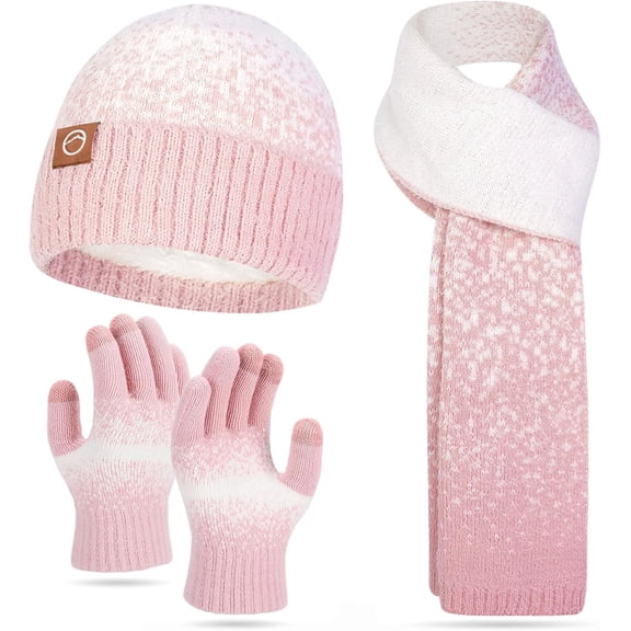 Womens Winter Beanie Hat Scarf Gloves Set - Touchscreen Gloves,Long Knit Scarf & Ombre Snowflake Design Beanie Set for Women