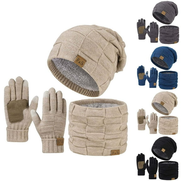 Womens Winter Beanie Hat Scarf Gloves Set Unisex Hat Scarf And Gloves Three-Piece Winter Fleece Knitted Three-Piece Set Christmas Gift