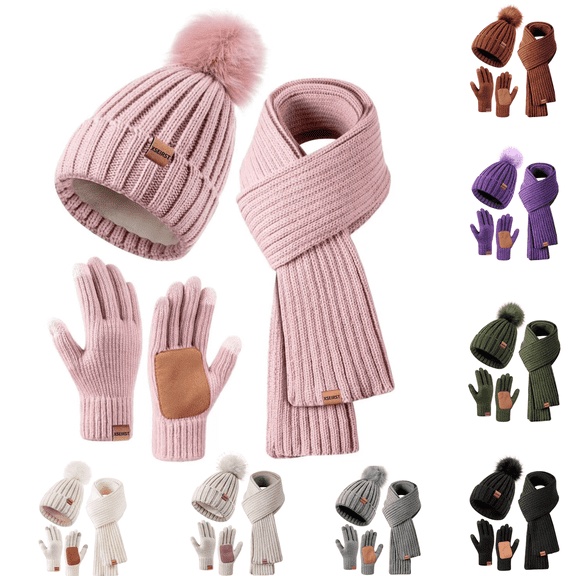Womens Winter Beanie Hat Scarf Gloves Set Warm Knit Beanie with Pom Pom Long Scarf Neck Warmer Touchscreen Gloves,Knit Caps Pompom with Fleece Lined Gifts for Women