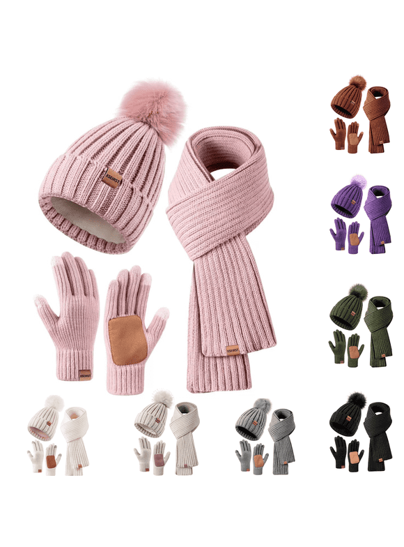 Womens Winter Beanie Hat Scarf Gloves Set Warm Knit Beanie with Pom Pom Long Scarf Neck Warmer Touchscreen Gloves,Knit Caps Pompom with Fleece Lined Gifts for Women