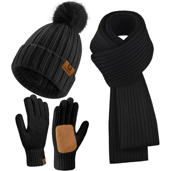 Womens Winter Beanie Hat Scarf Gloves Set Warm Knit Beanie with Pom Pom Long Scarf Neck Warmer Touchscreen Gloves,Knit Caps Pompom with Fleece Lined Gifts for Women