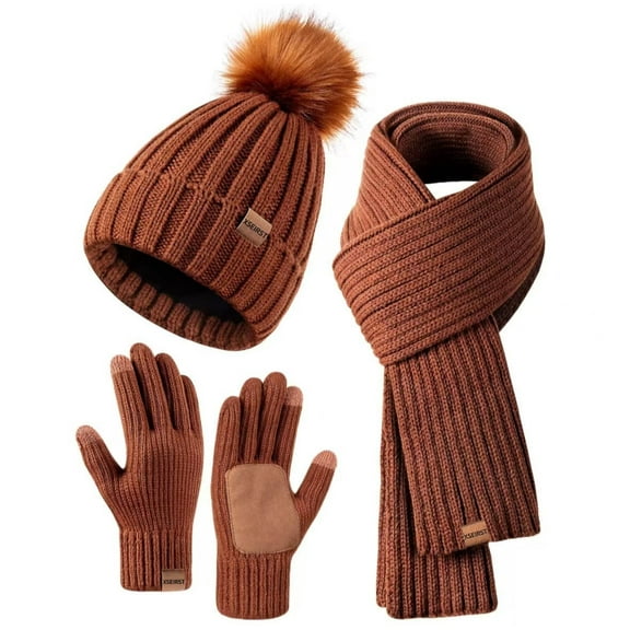 Womens Winter Beanie Hat Scarf Gloves Set Warm Knit Beanie with Pom Pom Long Scarf Neck Warmer Touchscreen Gloves,Knit Caps Pompom with Fleece Lined Gifts for Women