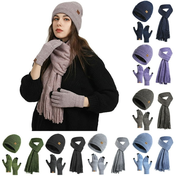 Womens Winter Beanie Hat Scarf Gloves Set Women Cute Thick Hat Protectors Warm Ear Protection Windproof Cap Scarf Gloves Set Pink