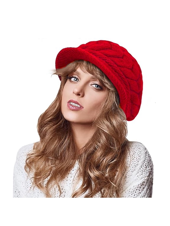 Womens Winter Beanie Hat, Warm Knit Beanie Caps, Fleece Lined Visor Hats for Cold Weather Outdoor