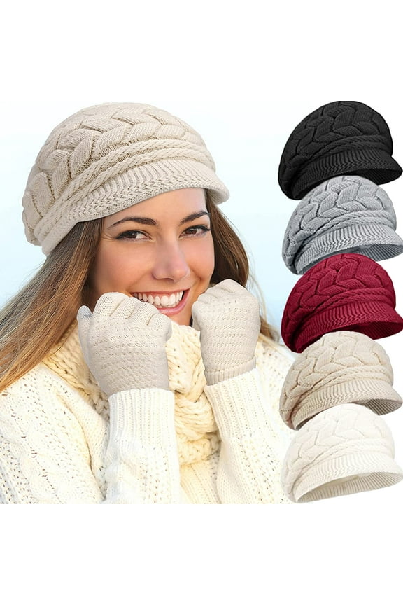 Womens Winter Beanie Hat Warm Knitted Slouchy Wool Hats Cap with Visor