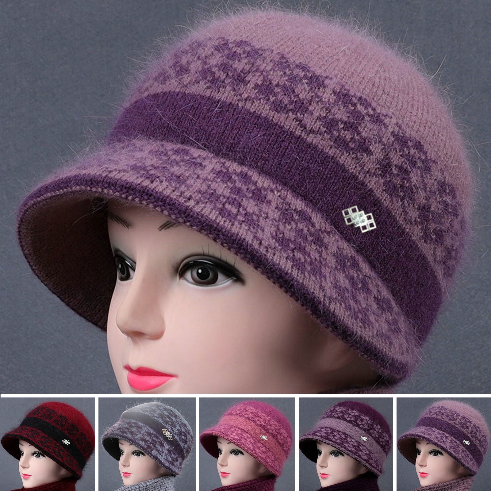 Women\'s Winter Beanie Warm Knitted Slouchy Wool Hats Cap with Visor, Purple Funmei Magnetic Back Pony Tail Visor - Warm Earmuff Hat main image 2