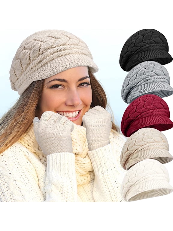 Womens Winter Beanie Hat Warm Knitted Slouchy Wool Hats Cap with Visor