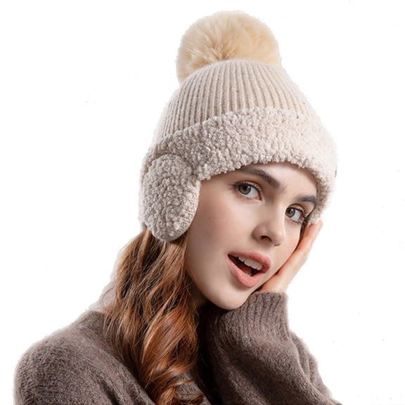 Womens Winter Beanie Hat with Ear Flap Thick Knit Warm Skull Cap Ears Warmer Outdoor Comfort Hats
