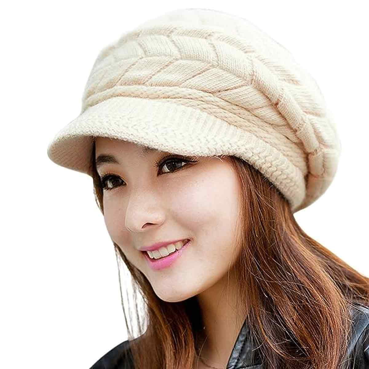 Womens Winter Beanie Warm Knitted Slouchy Wool Hats Cap with Visor