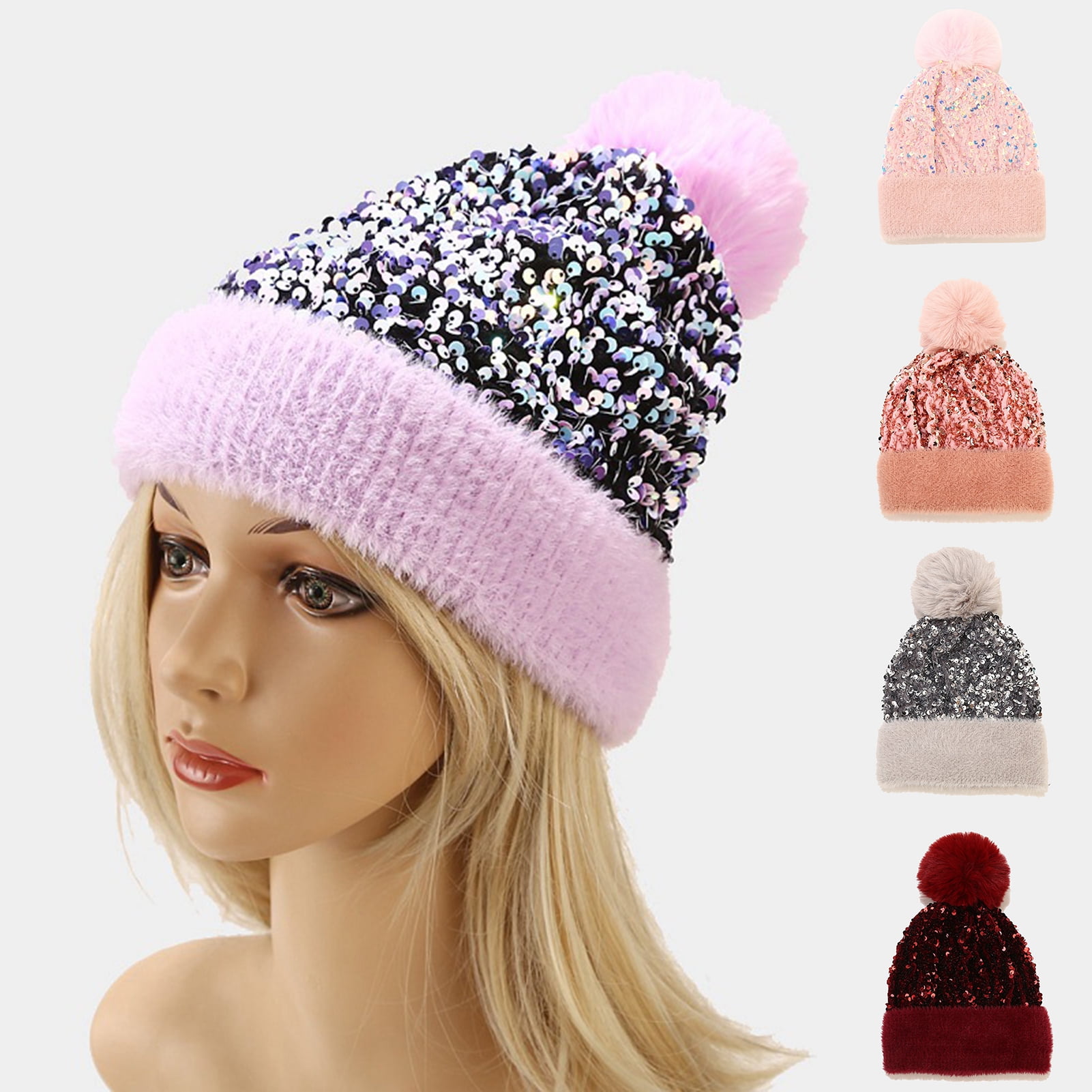 Womens Winter Beanies Glitter Sequins Colorful Knit Faux Fur Pompoms Beanie  Hats Shiny Bling Skull Ski Cap 