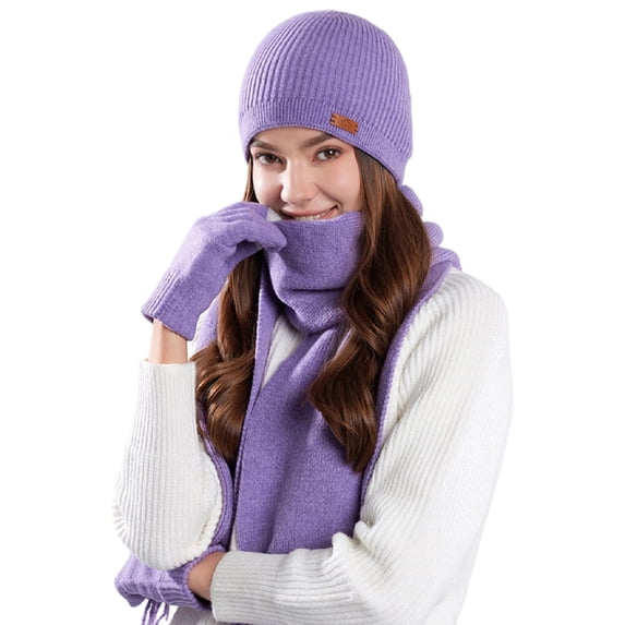 Womens Winter Beanies Scarf Gloves 3 PCS Set Plain Knit Cuffed Hats Long Neck Tassel Scarfs Warm Gloves Cold Weather Purple