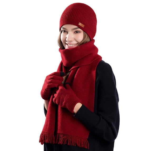 Womens Winter Beanies Scarf Gloves 3 PCS Set Plain Knit Cuffed Hats Long Neck Tassel Scarfs Warm Gloves Cold Weather Red