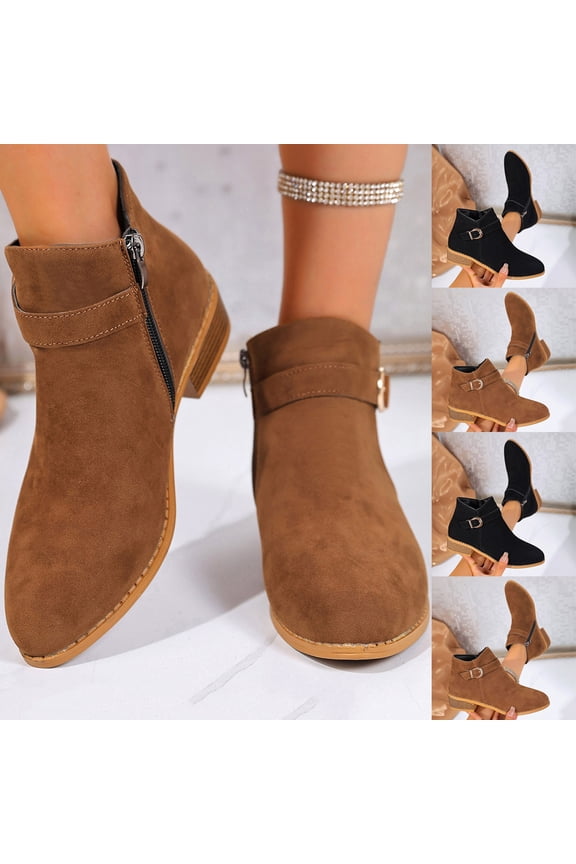 Womens Winter Boots Chunky Heel Round Toe Ankle Short Boots Casual Outdoor Dressy Thick Heel Winter Warm Shoes for Women Brown 6