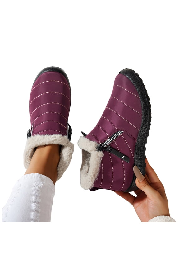 Womens Winter Boots Comfy Soft Sole Furry Lined Slip on Ankle Snow Booties Casual Warm Lightweight Waterproof Short Boots Wine Size 9.5