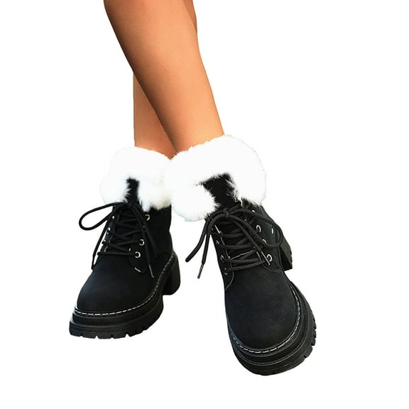 Womens Winter Boots Lace up Platform Lug Sole Chunky Heel Suede Round Toe Warm Short Snow Booties