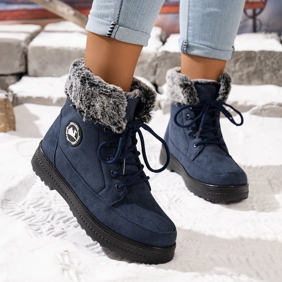 Womens Winter Boots Waterproof Non-Slip Outdoor Ankle Snow Booties Lace Up Faux Fur Warm Comfy Shoes (10, Navy)
