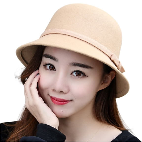 Womens Winter Cloche Cap 1920s Vintage Church Dress Wool Felt Bucket Hats with Flowers Formal Elegant Hats Beige Free Size