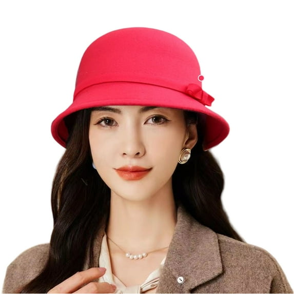 Womens Winter Cloche Cap 1920s Vintage Church Dress Wool Felt Bucket Hats with Flowers Formal Elegant Hats Red Free Size
