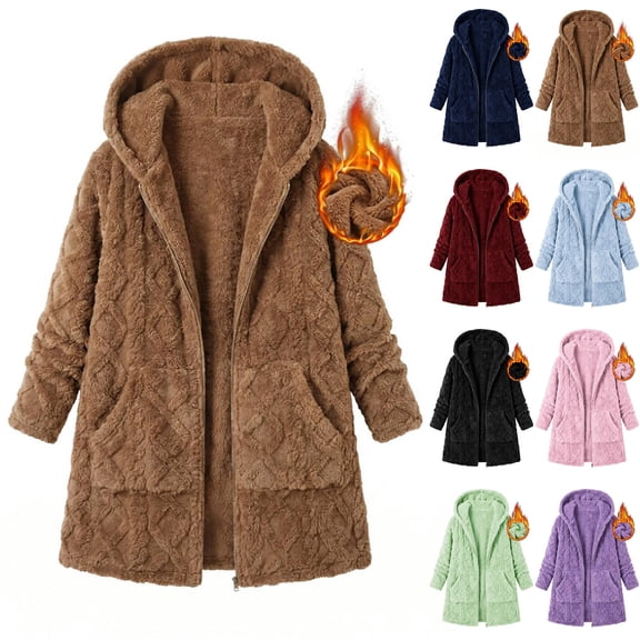 Womens Winter Coast Fleece Zip Up Jacket Coats Plus Size S-3XL Warm Fuzzy Hooded Coats with Pockets