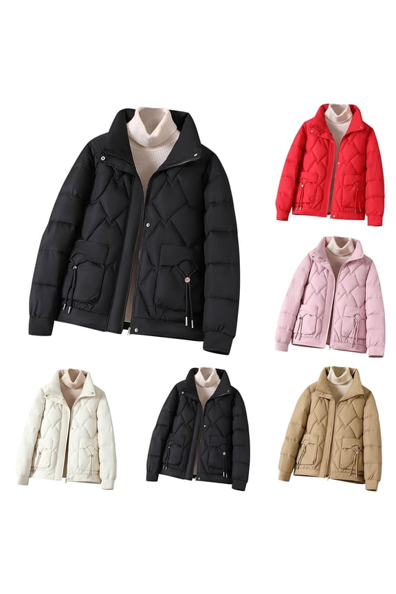 Womens Winter Coat Full Zip Stand Collar Coats Short Casual Padded Jacket Quilted Down Jackets with Pockets Stylish Warm Outerwear for Women 2025