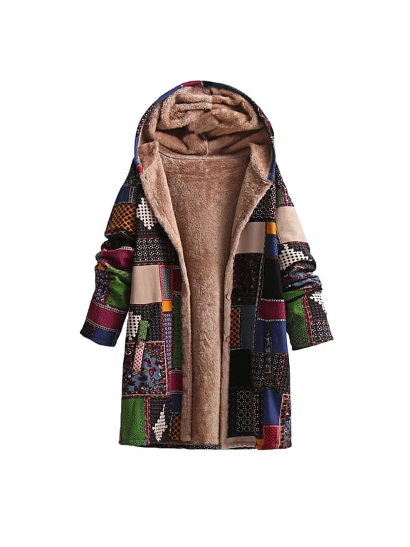 Womens Winter Coat Hooded Patchwork Printed Puffer Jacket Mid Length Long Sleeve Warm Lined Outerwear with Pockets Loose Fit Casual Ethnic Boho Style Fall Clothes Navy 2XL