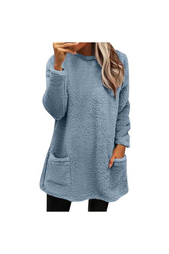 Womens Winter Coat Loose Wool Jacket Long Sleeved Jumper With Pockets