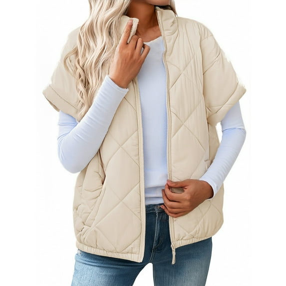 Womens Winter Coat Warm Cotton Padded Zip Puffer Vest Jacket without Hood Lapel Stand Collar Light Crop Waistcoat (S, Beige A)