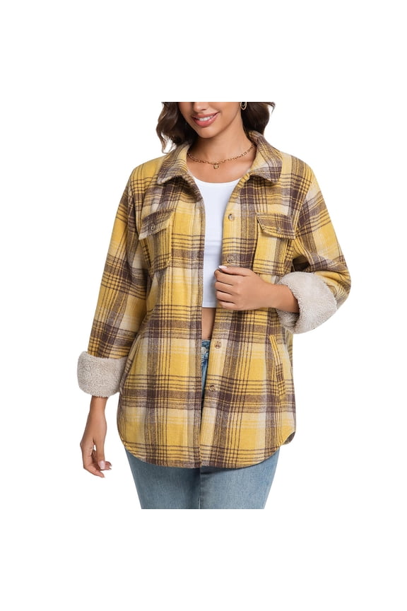 Womens Winter Coats Classic Plaid Shirt Shackets with Sherpa Fleece Lined Thick Warm Button Up Jacket with Pockets (2XL, Yellow)