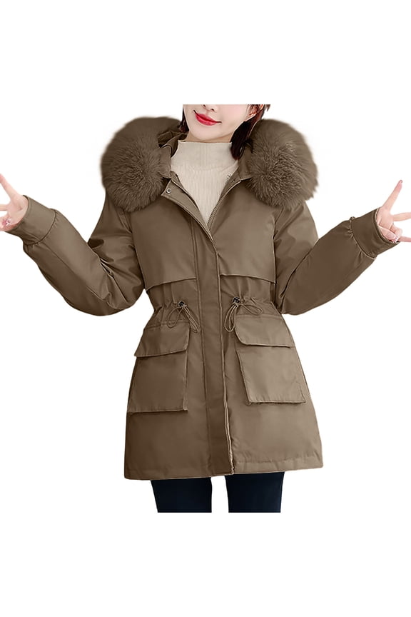 Womens Winter Coats Long Sleeve Down Jackets with Hood Solid Color Quilted Thermal Thicken Puffer Coats (M, Coffee)