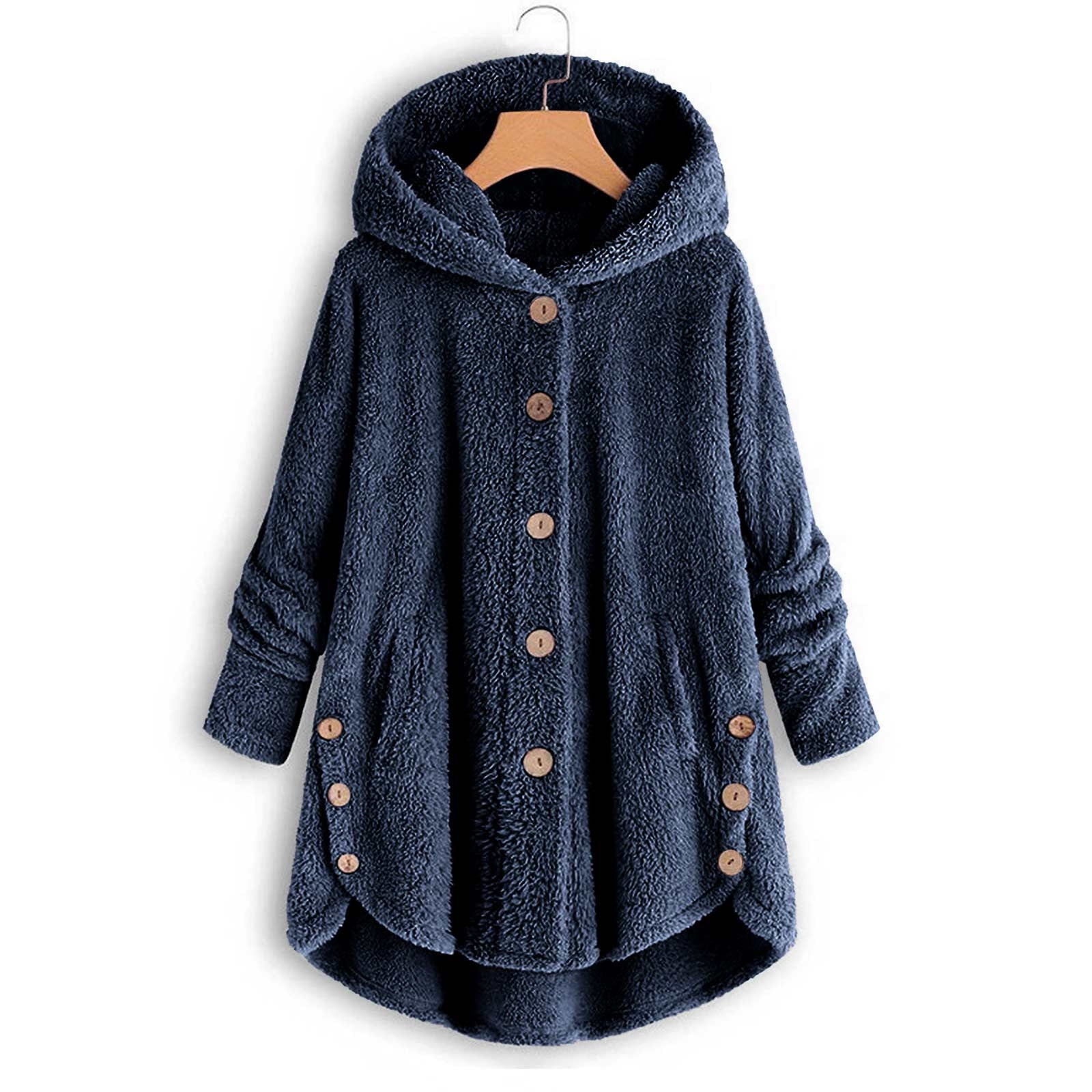 Womens Winter Coats Hooded Plus Size S-5X Fleece Button-Down Long Sleeve Jackets Ladies Casual Solid Soft High Low Hem Warm Outerwear Coat