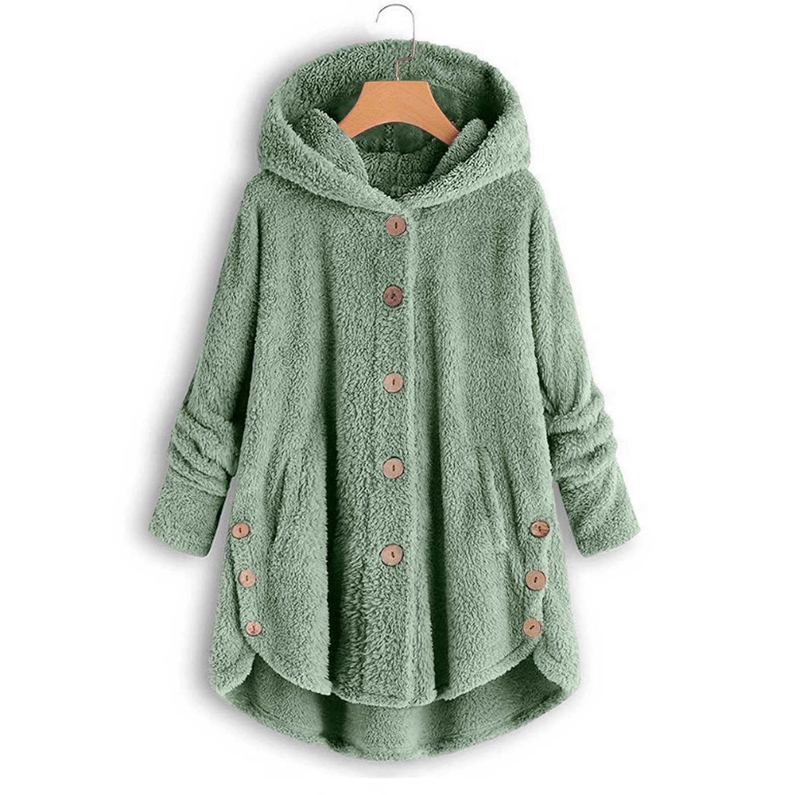 Womens Winter Coats Hooded Plus Size S-5X Fleece Button-Down Long Sleeve Jackets Ladies Casual Solid Soft High Low Hem Warm Outerwear Coat