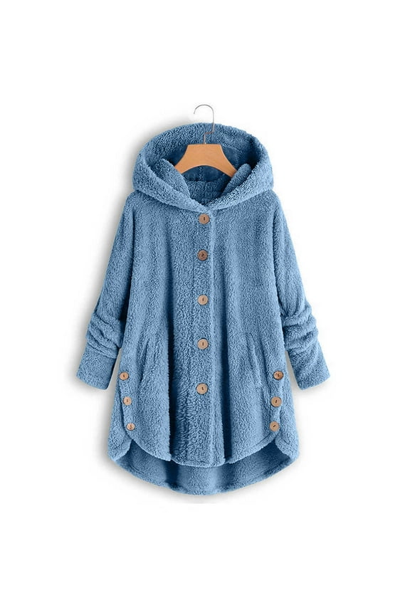Womens Winter Coats Hooded Plus Size S-5X Fleece Button-Down Long Sleeve Jackets Ladies Casual Solid Soft High Low Hem Warm Outerwear Coat