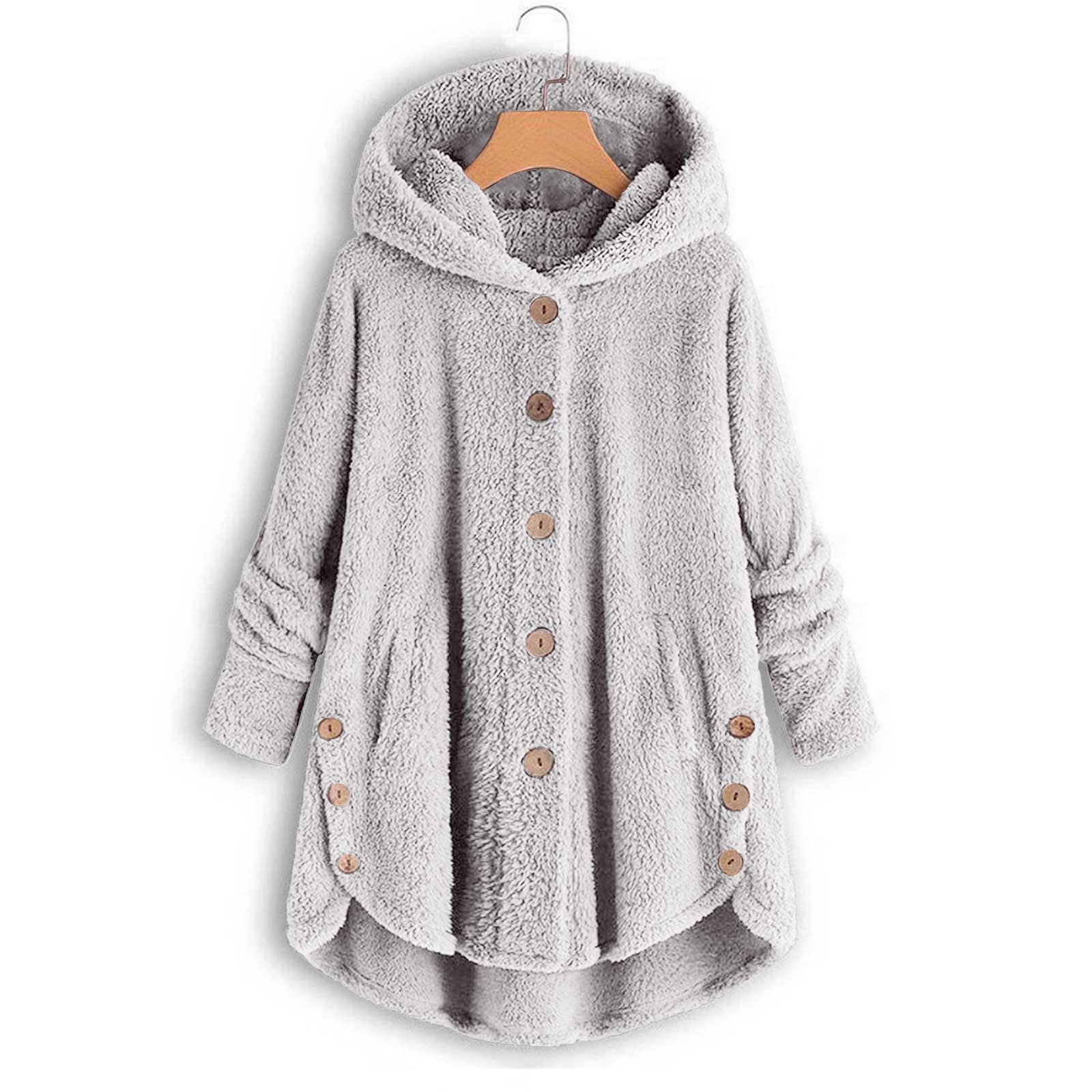 Womens Winter Coats Hooded Plus Size S-5X Fleece Button-Down Long Sleeve Jackets Ladies Casual Solid Soft High Low Hem Warm Outerwear Coat