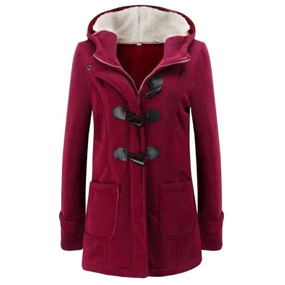 Womens Winter Coats Horn Button Fleece Coats Long Sleeve Jackets with Hood Thickened Coat with Pockets Warm Jackets
