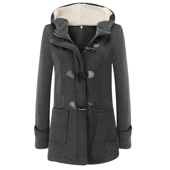 Womens Winter Coats Horn Button Fleece Coats Long Sleeve Jackets with Hood Thickened Coat with Pockets Warm Jackets