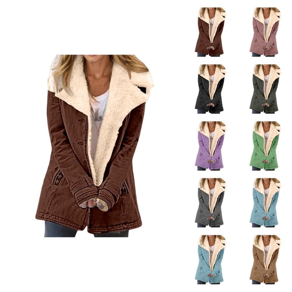 Womens Winter Coats Long Sleeve Thermal Notch Collar Suede Button Cardigan Jacket with Pockets Outerwear