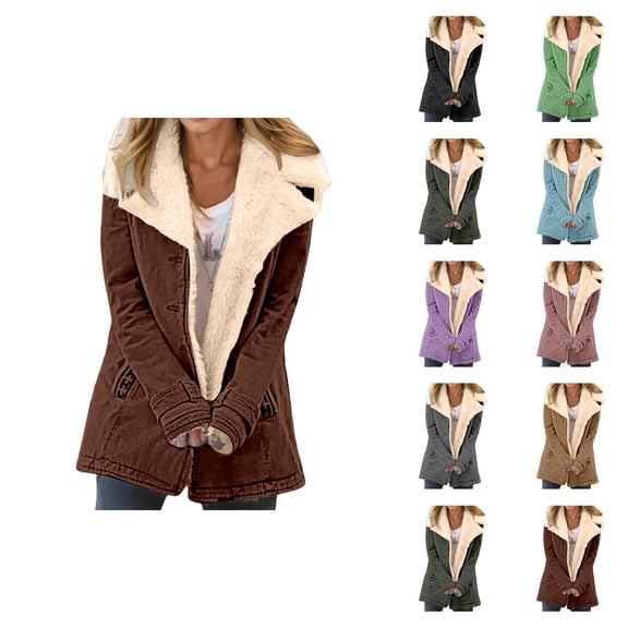 Womens Winter Coats Long Sleeve Lined Suede Button Notch Collar Cardigan Jacket Outerwear with Pockets