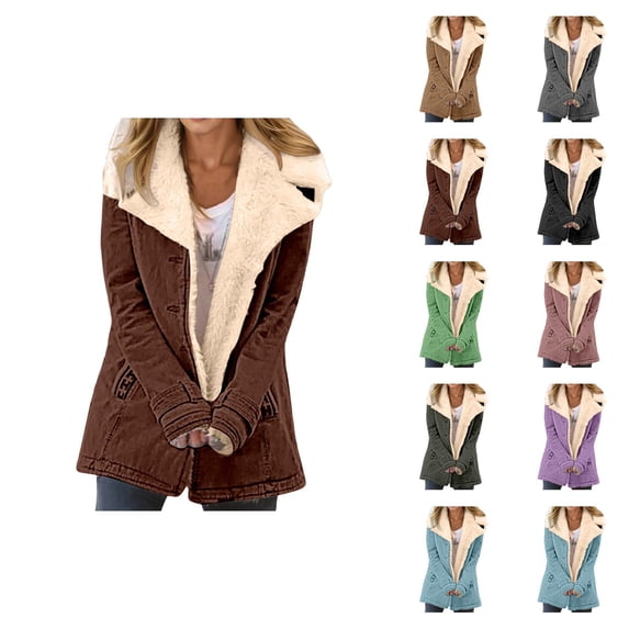 Womens Winter Coats Long Sleeve Thermal Notch Collar Suede Button Cardigan Jacket with Pockets Outerwear